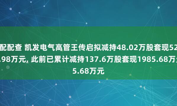 配配查 凯发电气高管王传启拟减持48.02万股套现521.98万元, 此前已累计减持137.6万股套现1985.68万元